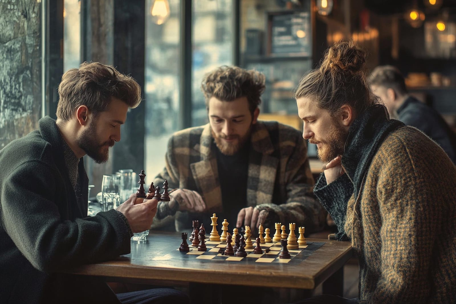 Amigos jogando xadrez juntos com peças de vidro em um café